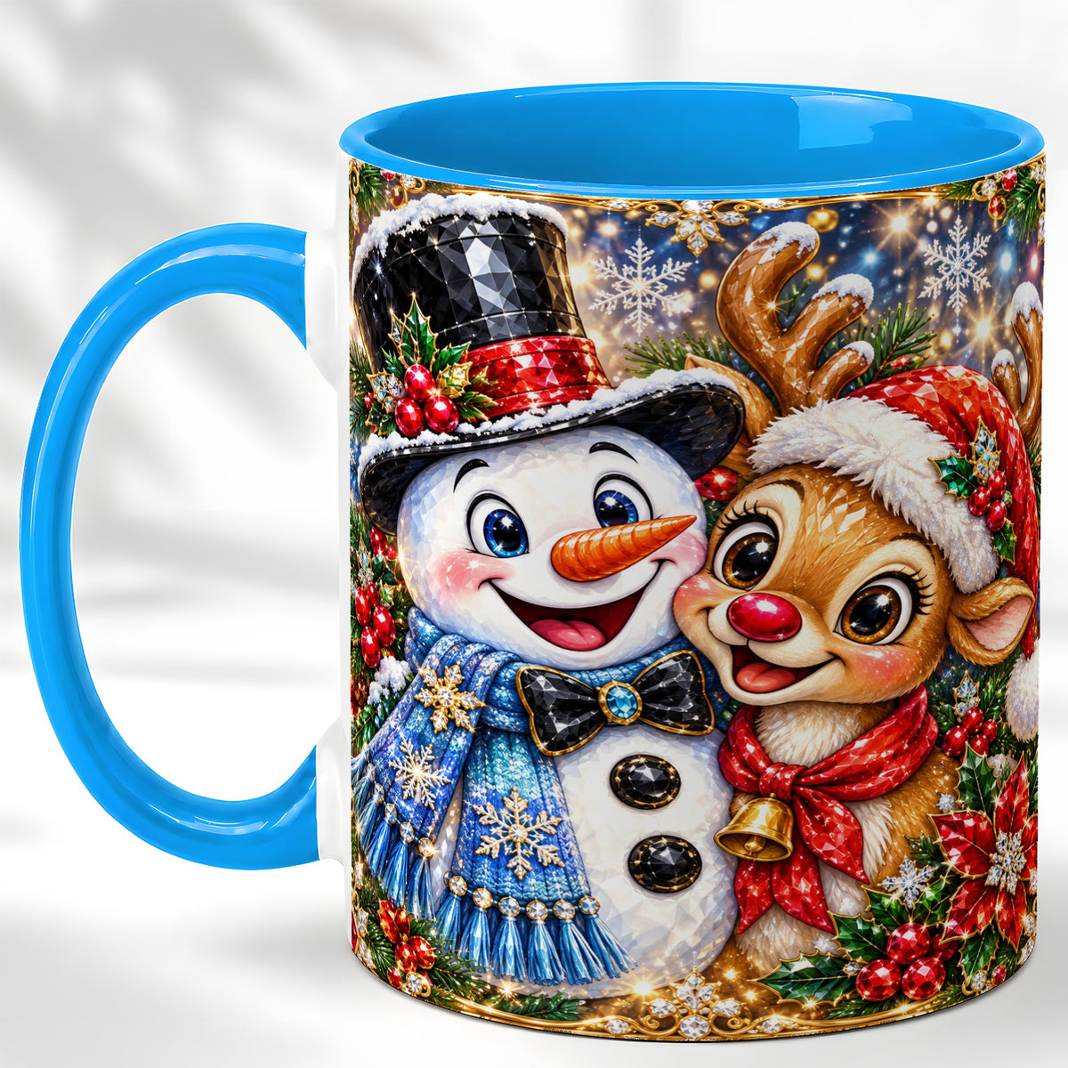 #pl[11oz|Blue] Snowman Reindeer Coffee Mug, Christmas Friends Mug, Ceramic Cup