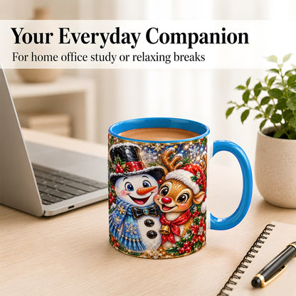 #pl[11oz|Blue] Snowman Reindeer Coffee Mug, Christmas Friends Mug, Ceramic Cup
