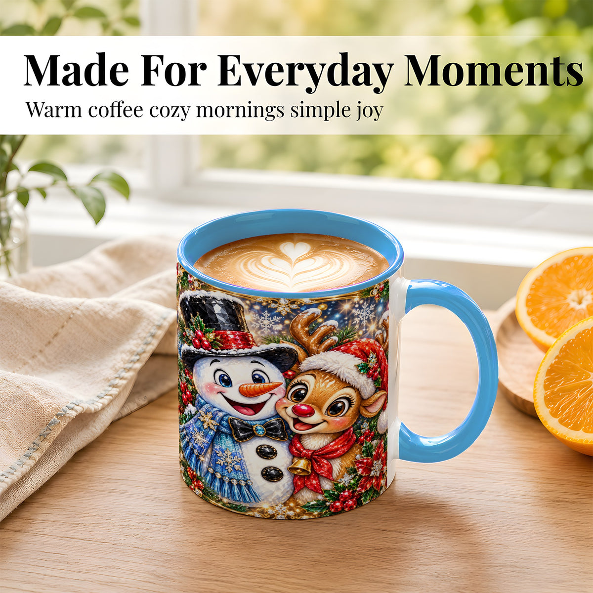 #pl[11oz|Blue] Snowman Reindeer Coffee Mug, Christmas Friends Mug, Ceramic Cup