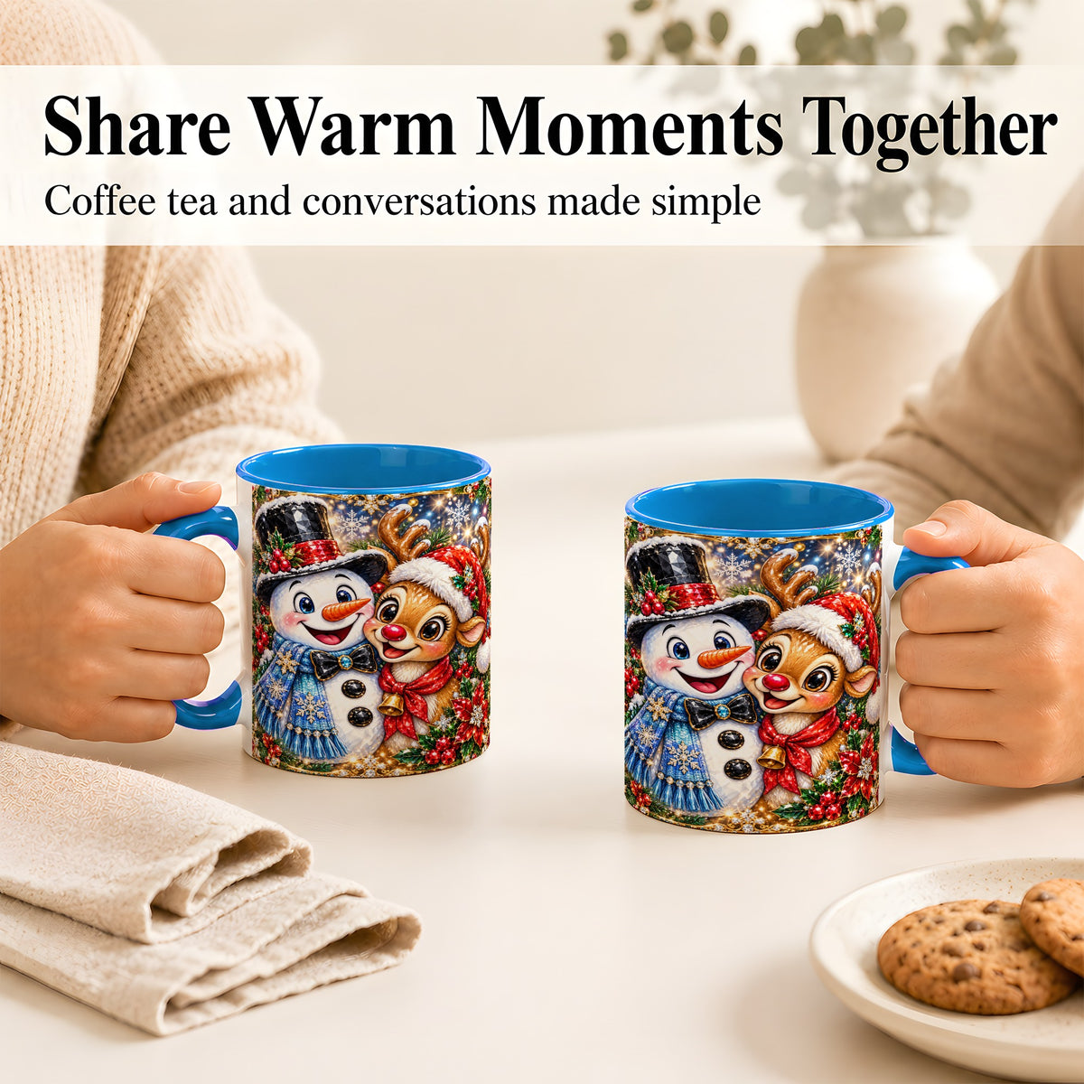 #pl[11oz|Blue] Snowman Reindeer Coffee Mug, Christmas Friends Mug, Ceramic Cup