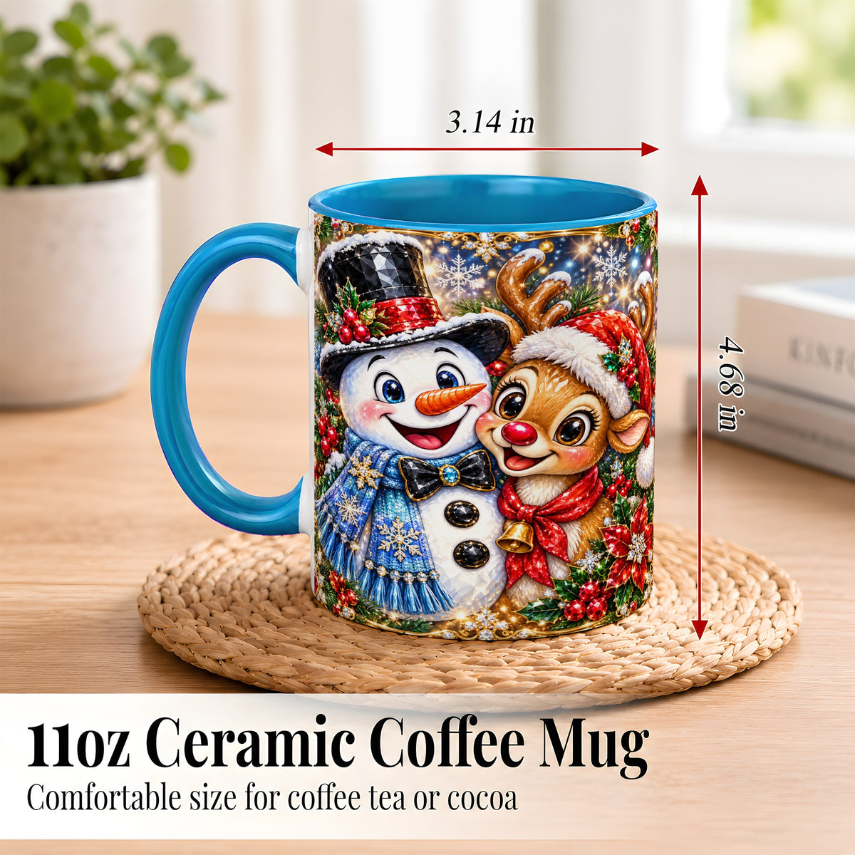 #pl[11oz|Blue] Snowman Reindeer Coffee Mug, Christmas Friends Mug, Ceramic Cup