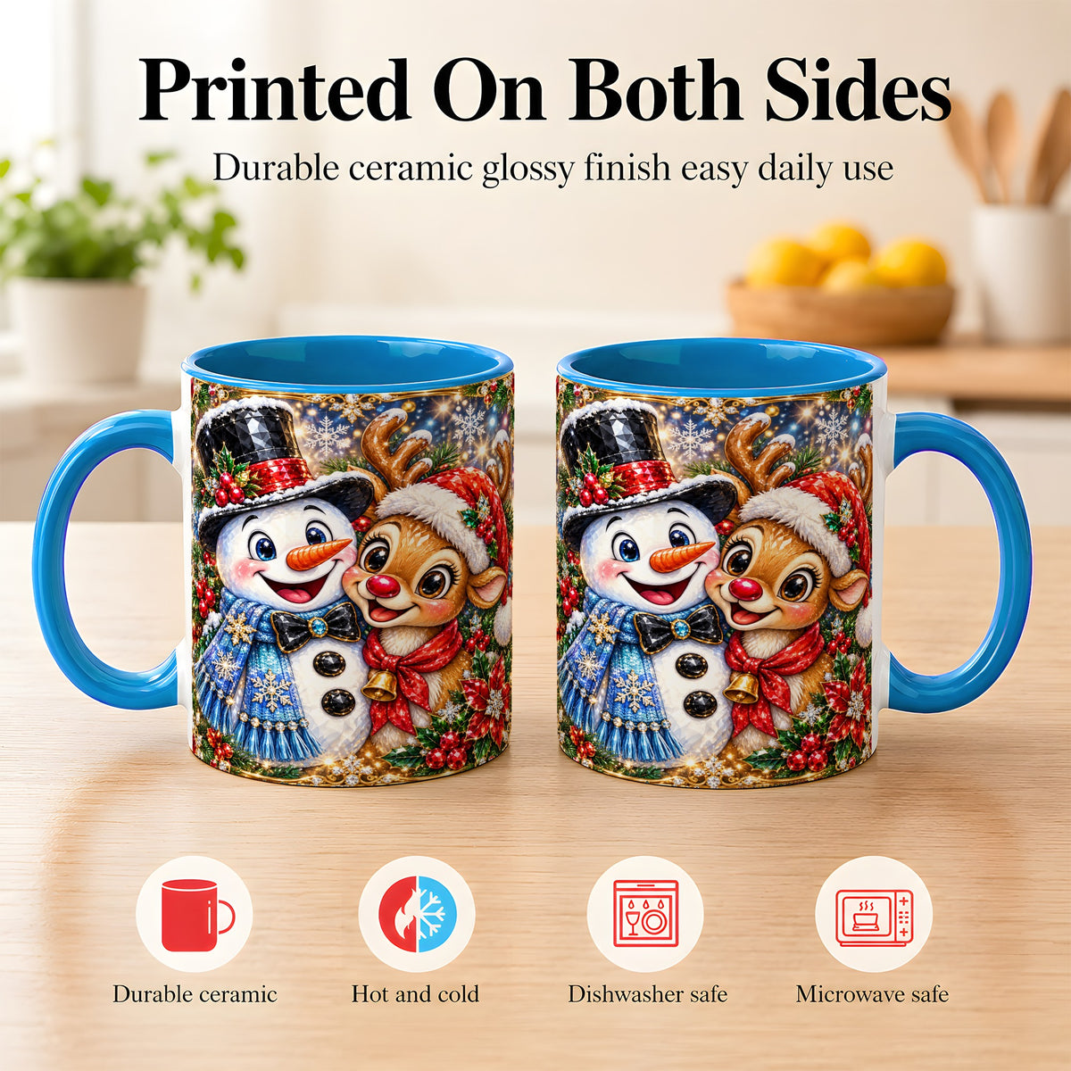 #pl[11oz|Blue] Snowman Reindeer Coffee Mug, Christmas Friends Mug, Ceramic Cup