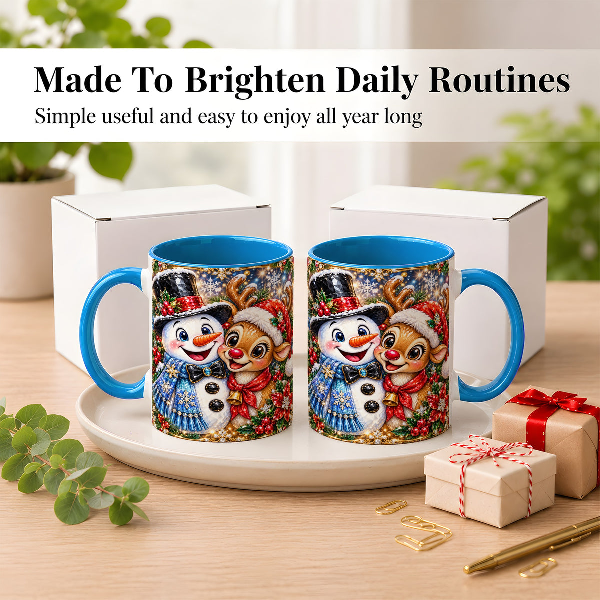 #pl[11oz|Blue] Snowman Reindeer Coffee Mug, Christmas Friends Mug, Ceramic Cup
