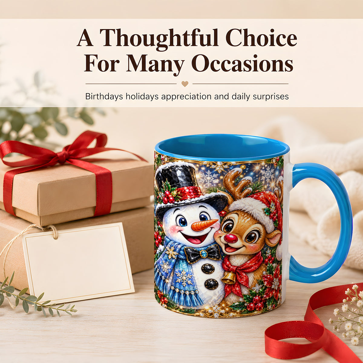 #pl[11oz|Blue] Snowman Reindeer Coffee Mug, Christmas Friends Mug, Ceramic Cup