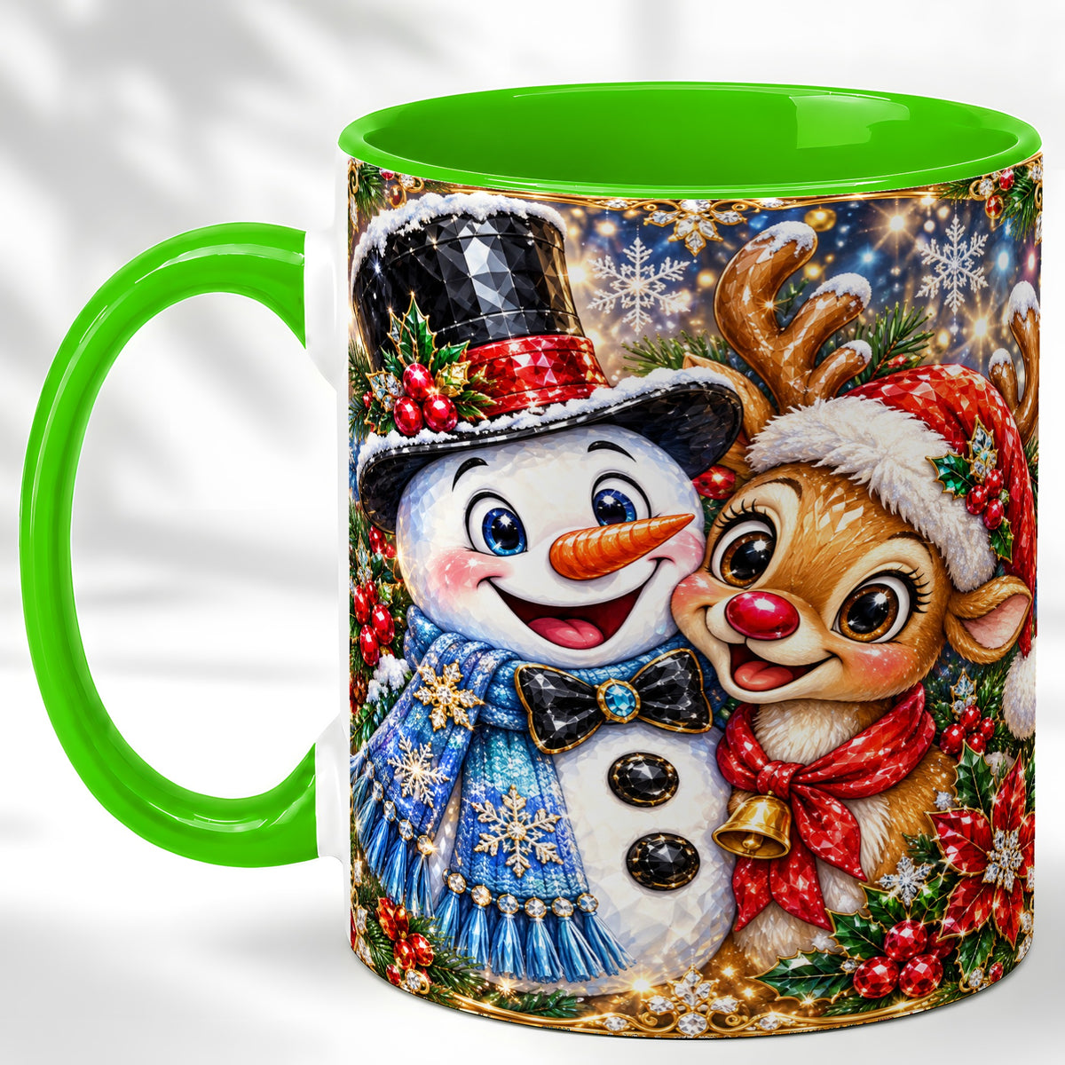 #pl[11oz|Green] Snowman Reindeer Coffee Mug, Christmas Friends Mug, Ceramic Cup