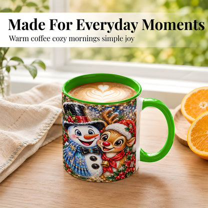 #pl[11oz|Green] Snowman Reindeer Coffee Mug, Christmas Friends Mug, Ceramic Cup