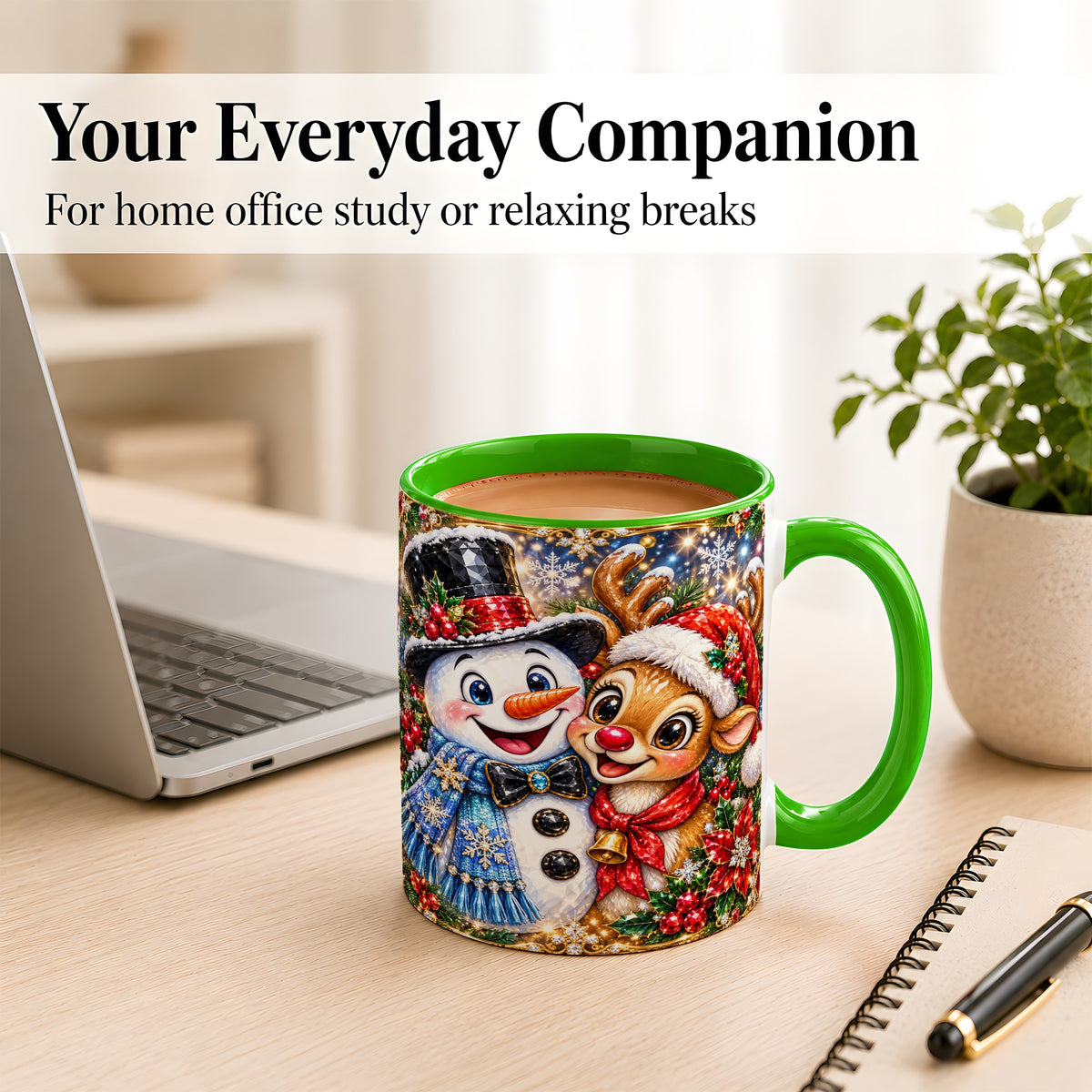 #pl[11oz|Green] Snowman Reindeer Coffee Mug, Christmas Friends Mug, Ceramic Cup