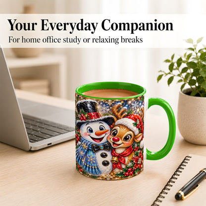 #pl[11oz|Green] Snowman Reindeer Coffee Mug, Christmas Friends Mug, Ceramic Cup