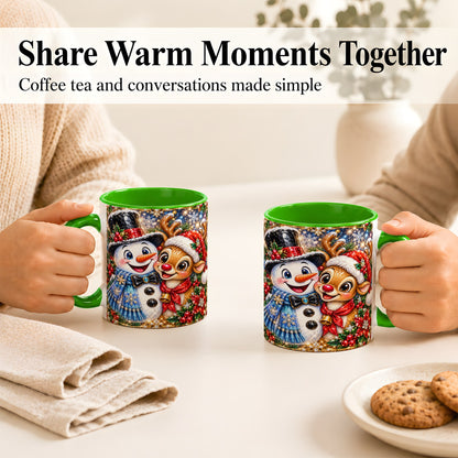 #pl[11oz|Green] Snowman Reindeer Coffee Mug, Christmas Friends Mug, Ceramic Cup