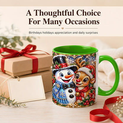 #pl[11oz|Green] Snowman Reindeer Coffee Mug, Christmas Friends Mug, Ceramic Cup