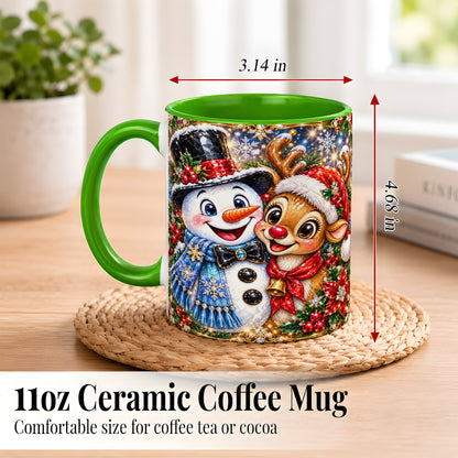 #pl[11oz|Green] Snowman Reindeer Coffee Mug, Christmas Friends Mug, Ceramic Cup