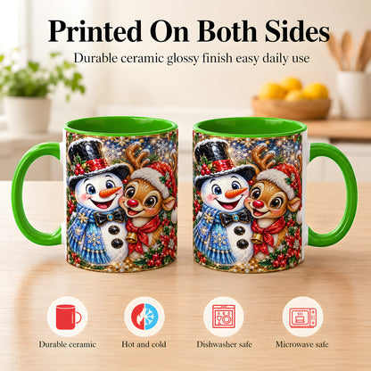 #pl[11oz|Green] Snowman Reindeer Coffee Mug, Christmas Friends Mug, Ceramic Cup