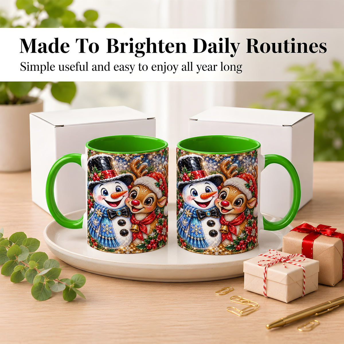 #pl[11oz|Green] Snowman Reindeer Coffee Mug, Christmas Friends Mug, Ceramic Cup