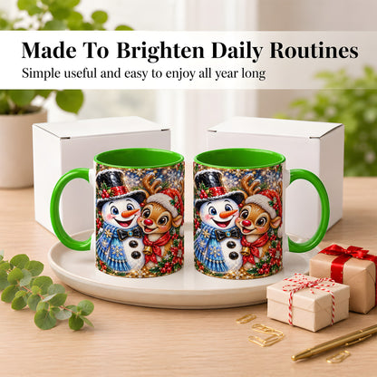 #pl[11oz|Green] Snowman Reindeer Coffee Mug, Christmas Friends Mug, Ceramic Cup
