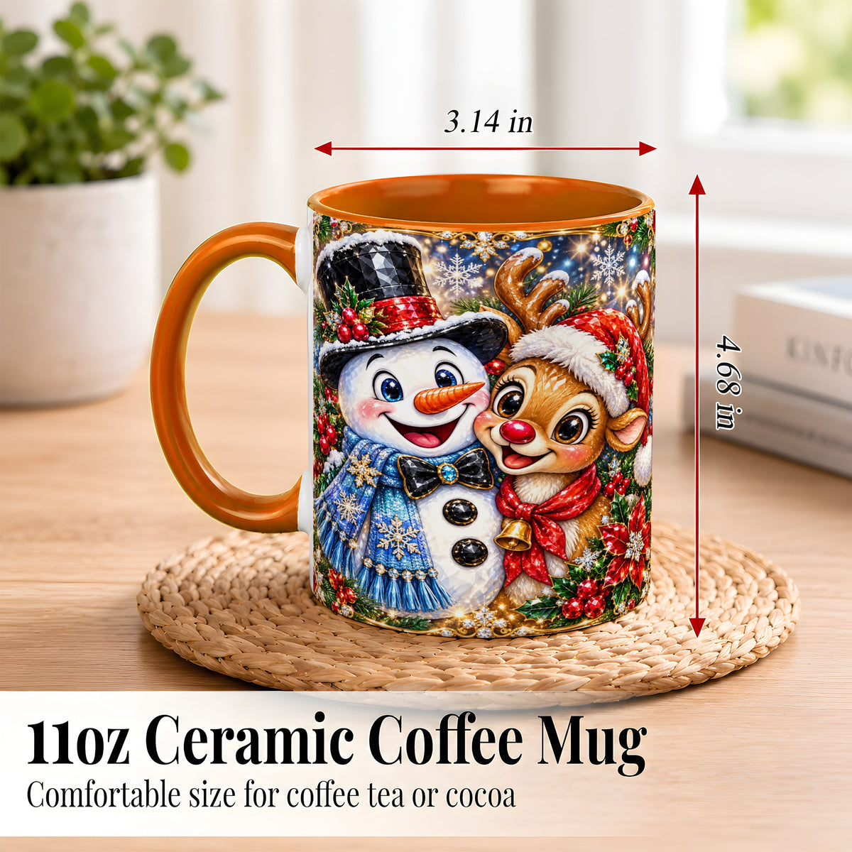 #pl[11oz|Orange] Snowman Reindeer Coffee Mug, Christmas Friends Mug, Ceramic Cup