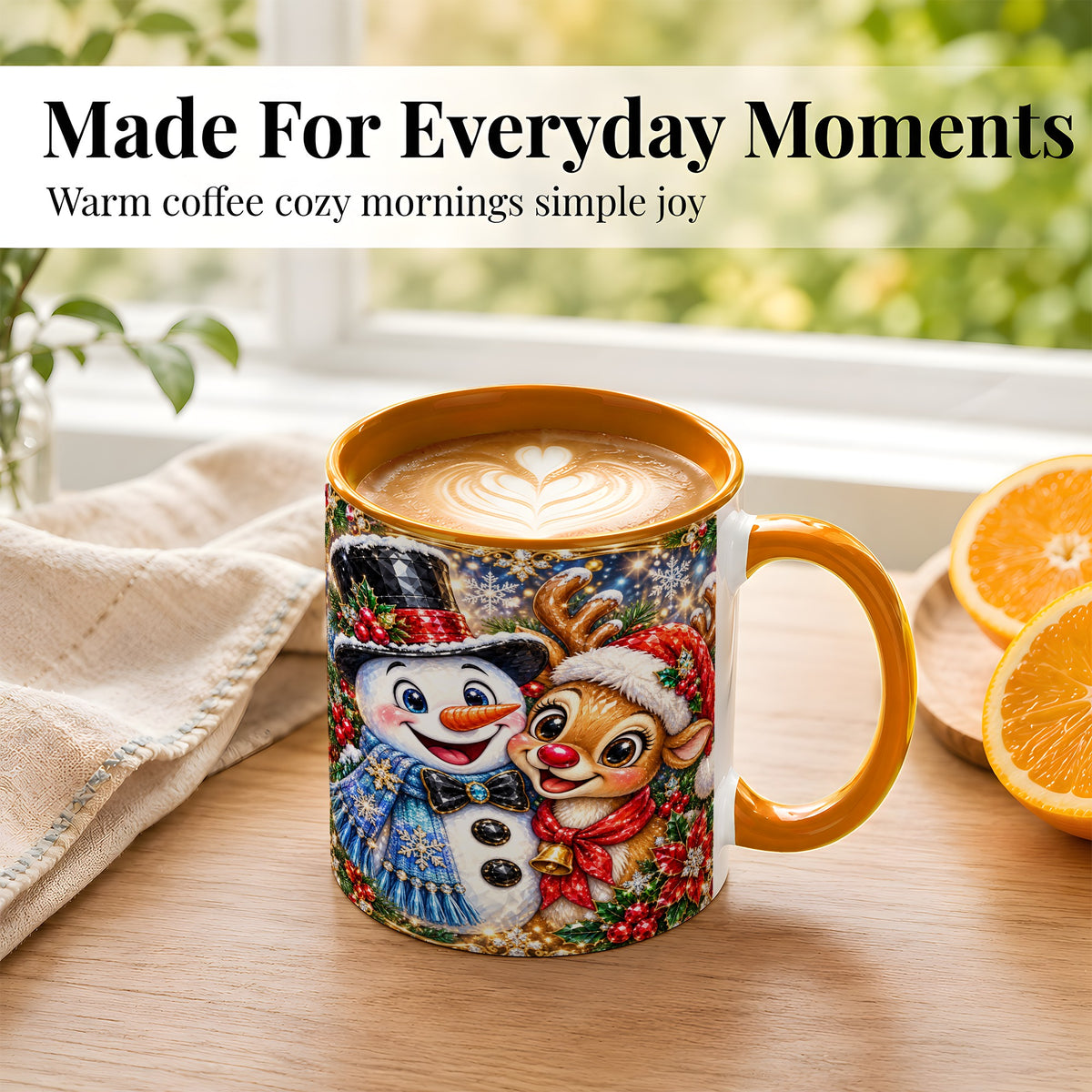 #pl[11oz|Orange] Snowman Reindeer Coffee Mug, Christmas Friends Mug, Ceramic Cup