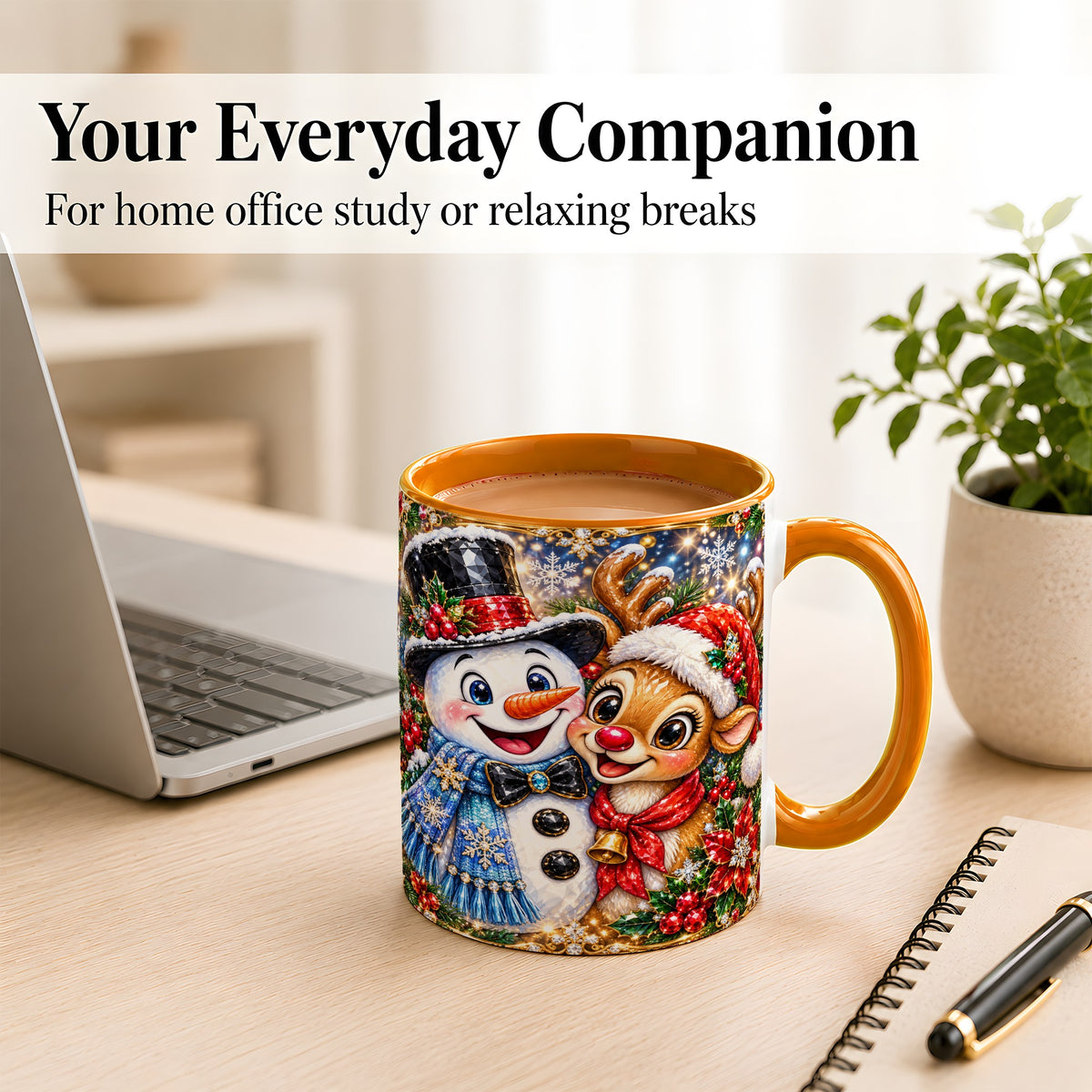 #pl[11oz|Orange] Snowman Reindeer Coffee Mug, Christmas Friends Mug, Ceramic Cup