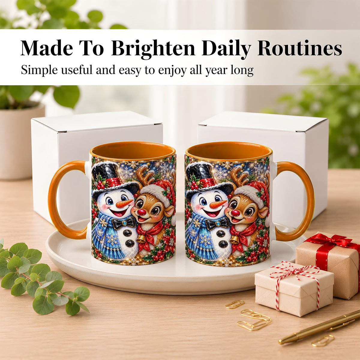 #pl[11oz|Orange] Snowman Reindeer Coffee Mug, Christmas Friends Mug, Ceramic Cup
