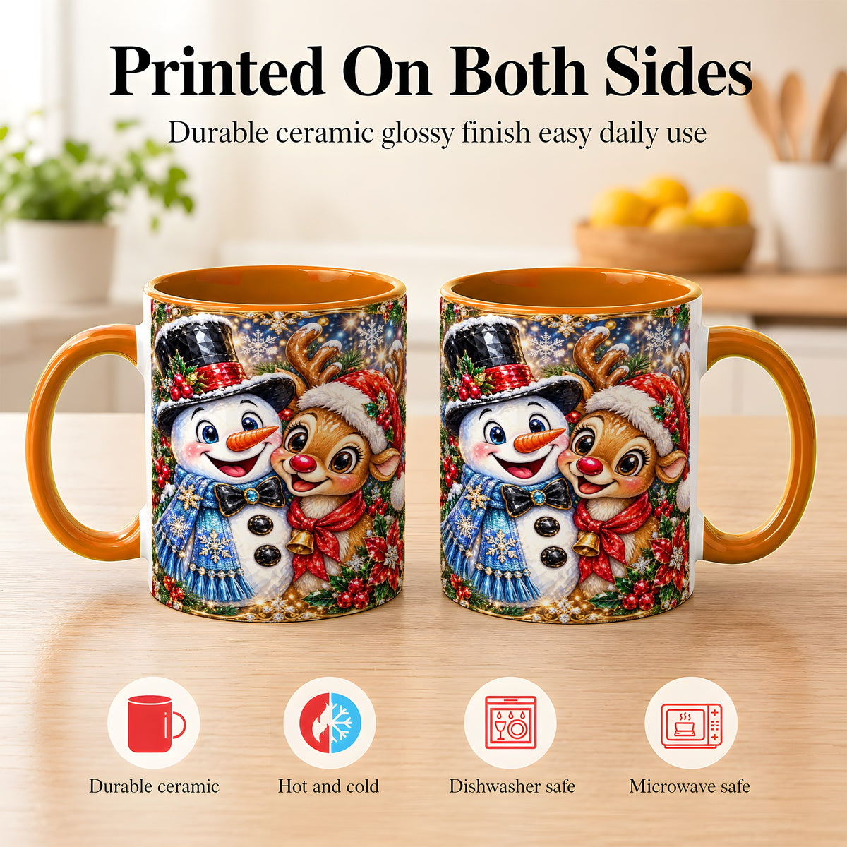 #pl[11oz|Orange] Snowman Reindeer Coffee Mug, Christmas Friends Mug, Ceramic Cup