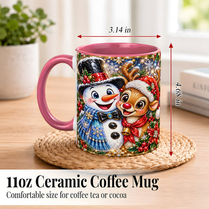 #pl[11oz|Pink] Snowman Reindeer Coffee Mug, Christmas Friends Mug, Ceramic Cup
