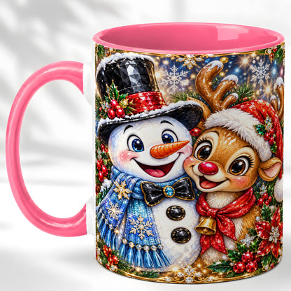#pl[11oz|Pink] Snowman Reindeer Coffee Mug, Christmas Friends Mug, Ceramic Cup