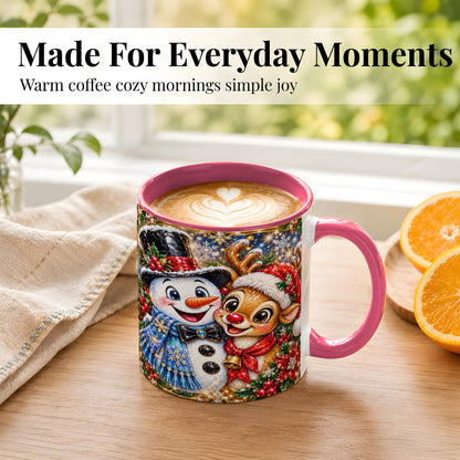 #pl[11oz|Pink] Snowman Reindeer Coffee Mug, Christmas Friends Mug, Ceramic Cup
