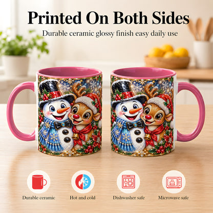 #pl[11oz|Pink] Snowman Reindeer Coffee Mug, Christmas Friends Mug, Ceramic Cup
