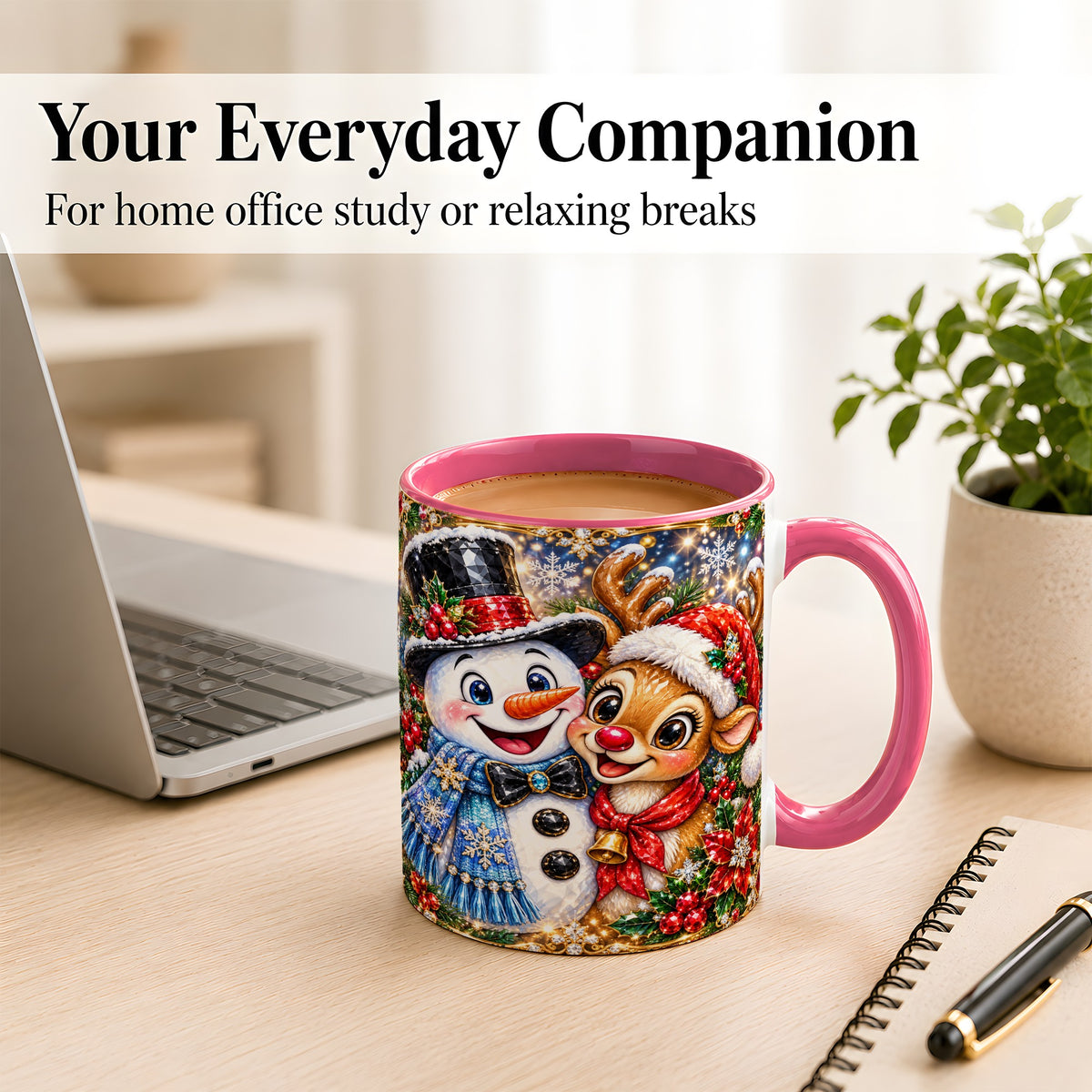 #pl[11oz|Pink] Snowman Reindeer Coffee Mug, Christmas Friends Mug, Ceramic Cup