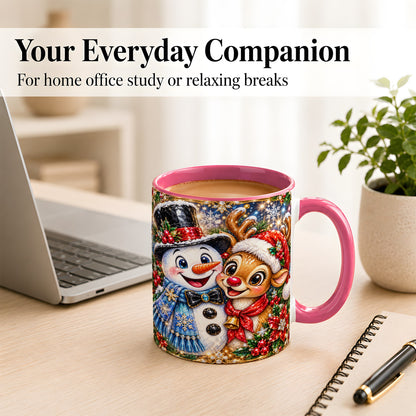 #pl[11oz|Pink] Snowman Reindeer Coffee Mug, Christmas Friends Mug, Ceramic Cup