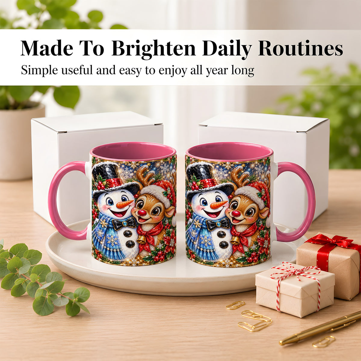 #pl[11oz|Pink] Snowman Reindeer Coffee Mug, Christmas Friends Mug, Ceramic Cup