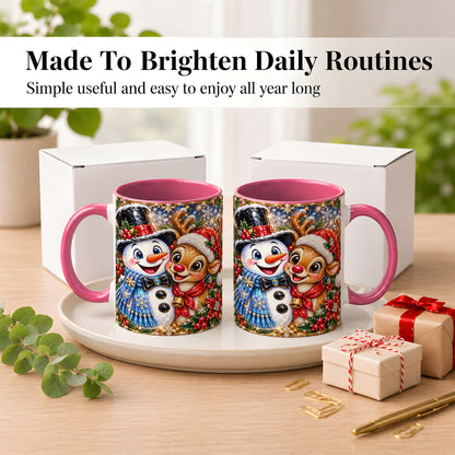 #pl[11oz|Pink] Snowman Reindeer Coffee Mug, Christmas Friends Mug, Ceramic Cup