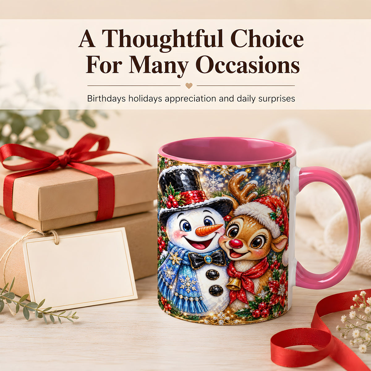 #pl[11oz|Pink] Snowman Reindeer Coffee Mug, Christmas Friends Mug, Ceramic Cup