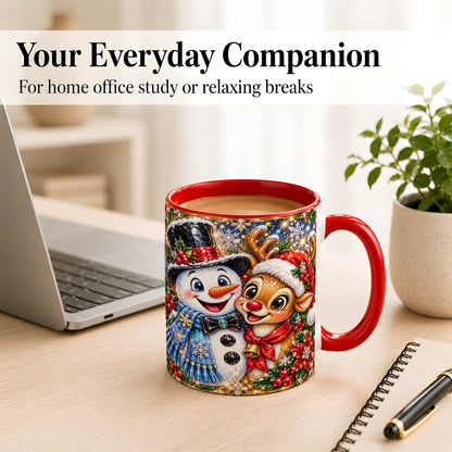 #pl[11oz|Red] Snowman Reindeer Coffee Mug, Christmas Friends Mug, Ceramic Cup