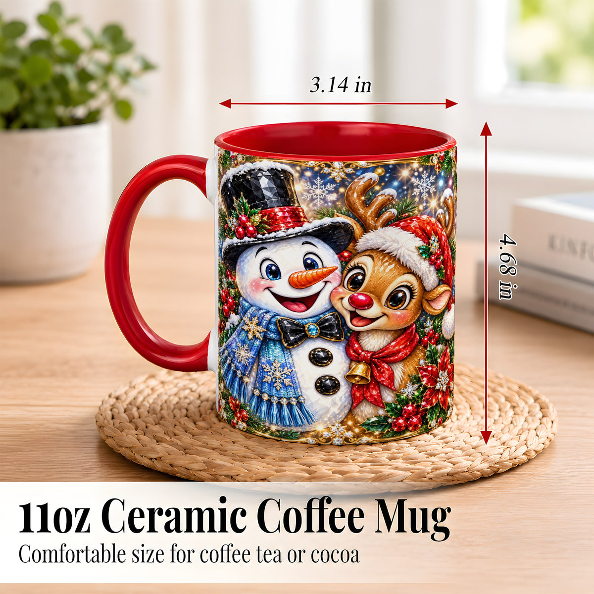 #pl[11oz|Red] Snowman Reindeer Coffee Mug, Christmas Friends Mug, Ceramic Cup