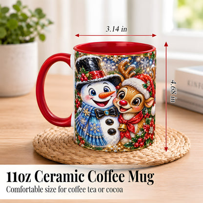 #pl[11oz|Red] Snowman Reindeer Coffee Mug, Christmas Friends Mug, Ceramic Cup