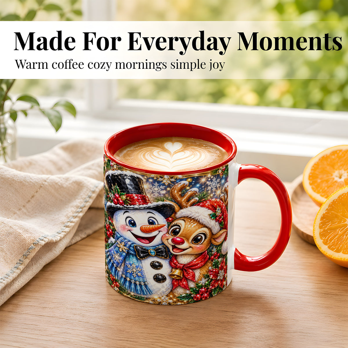 #pl[11oz|Red] Snowman Reindeer Coffee Mug, Christmas Friends Mug, Ceramic Cup