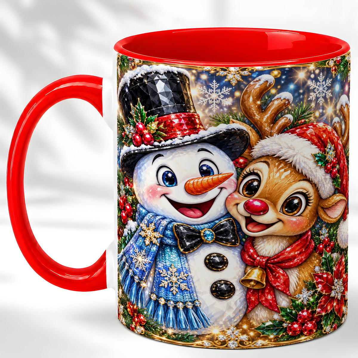 Snowman Reindeer Coffee Mug, Christmas Friends Mug, Ceramic Cup