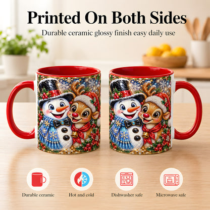 #pl[11oz|Red] Snowman Reindeer Coffee Mug, Christmas Friends Mug, Ceramic Cup