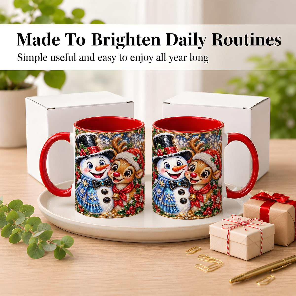 #pl[11oz|Red] Snowman Reindeer Coffee Mug, Christmas Friends Mug, Ceramic Cup