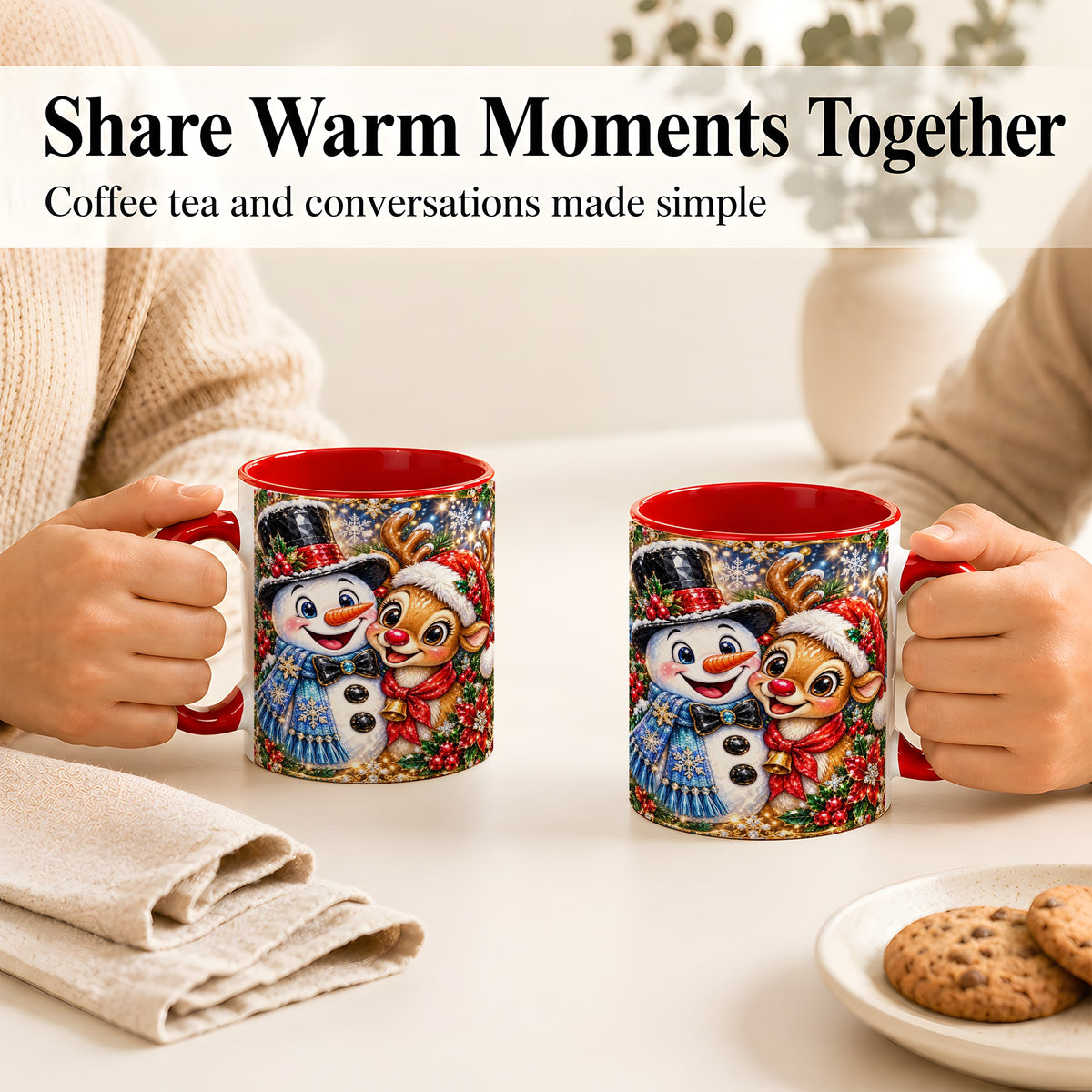 #pl[11oz|Red] Snowman Reindeer Coffee Mug, Christmas Friends Mug, Ceramic Cup