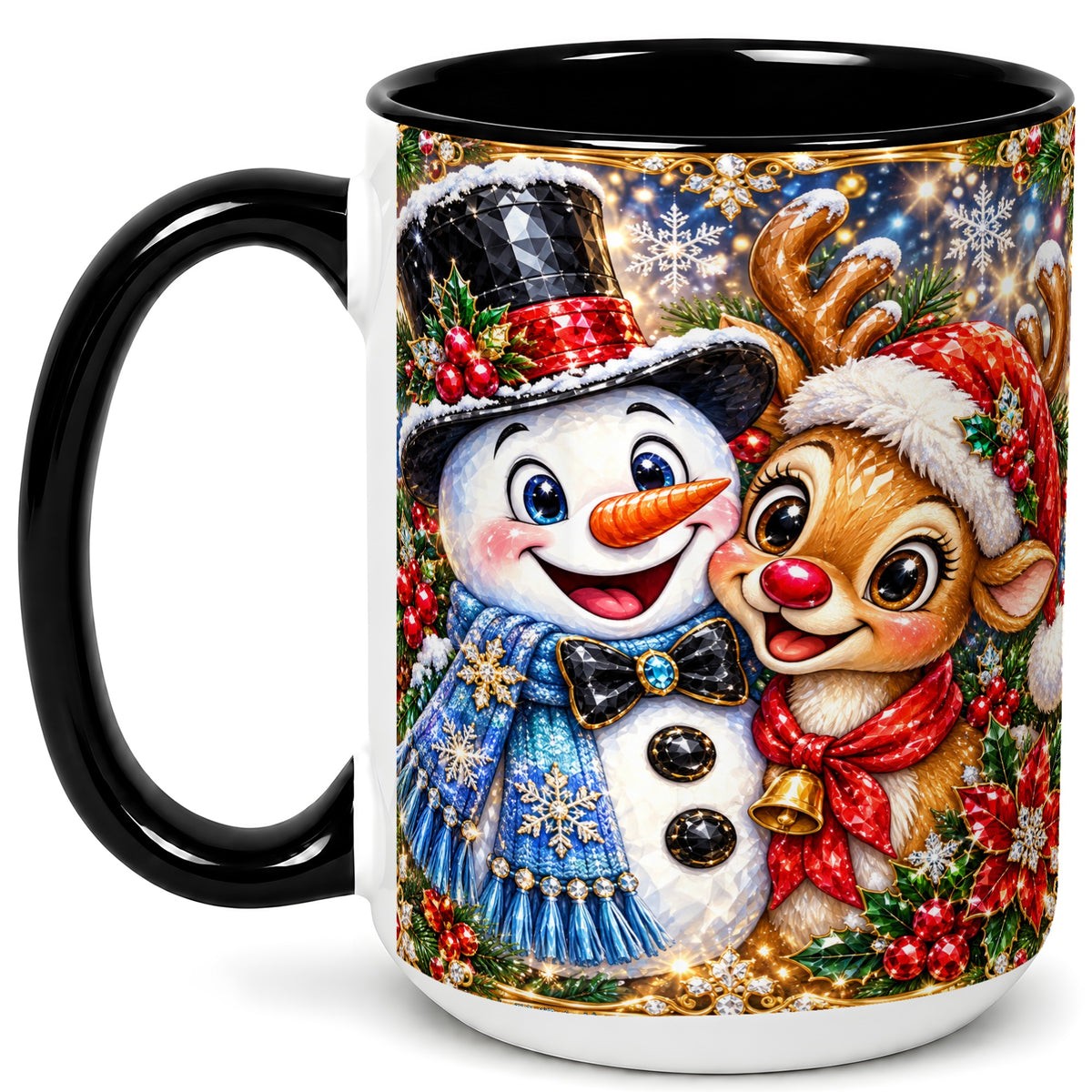 #pl[15oz|Black] Snowman Reindeer Coffee Mug, Christmas Friends Mug, Ceramic Cup