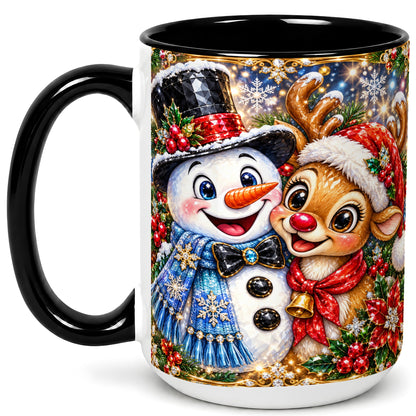 #pl[15oz|Black] Snowman Reindeer Coffee Mug, Christmas Friends Mug, Ceramic Cup
