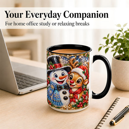 #pl[15oz|Black] Snowman Reindeer Coffee Mug, Christmas Friends Mug, Ceramic Cup