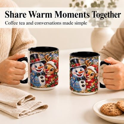 #pl[15oz|Black] Snowman Reindeer Coffee Mug, Christmas Friends Mug, Ceramic Cup