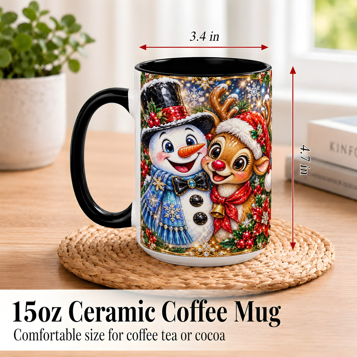 #pl[15oz|Black] Snowman Reindeer Coffee Mug, Christmas Friends Mug, Ceramic Cup