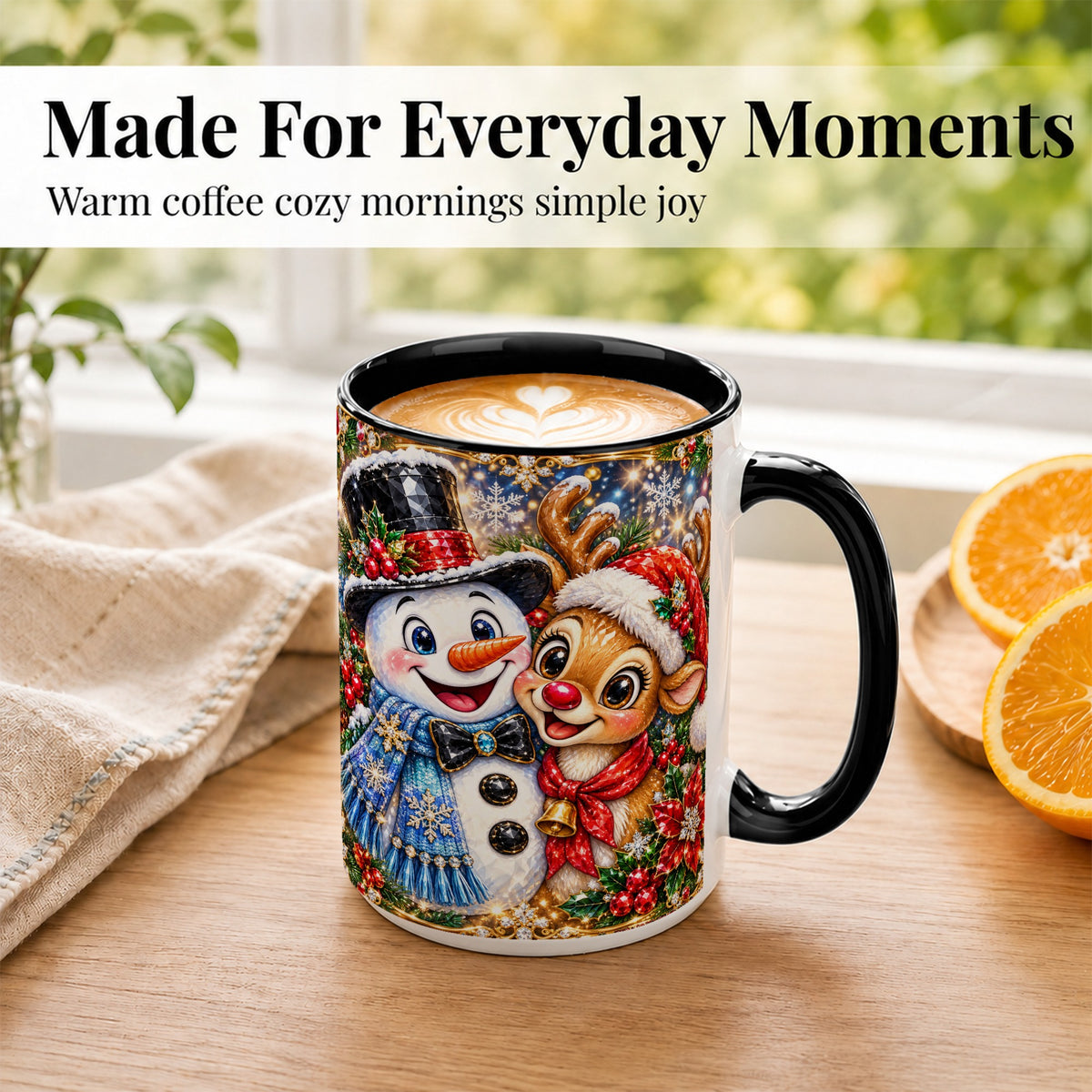#pl[15oz|Black] Snowman Reindeer Coffee Mug, Christmas Friends Mug, Ceramic Cup