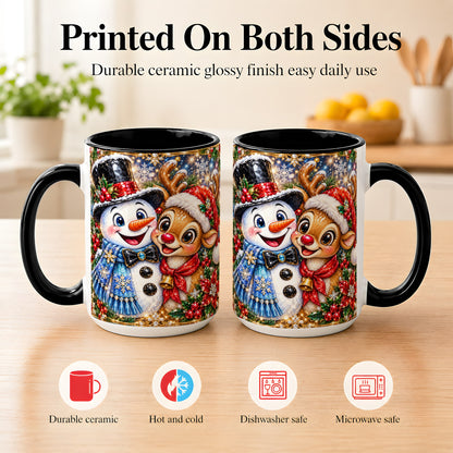 #pl[15oz|Black] Snowman Reindeer Coffee Mug, Christmas Friends Mug, Ceramic Cup