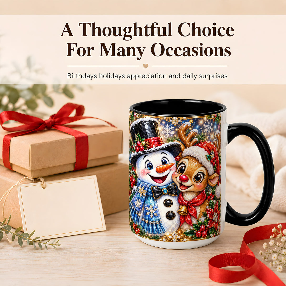 #pl[15oz|Black] Snowman Reindeer Coffee Mug, Christmas Friends Mug, Ceramic Cup