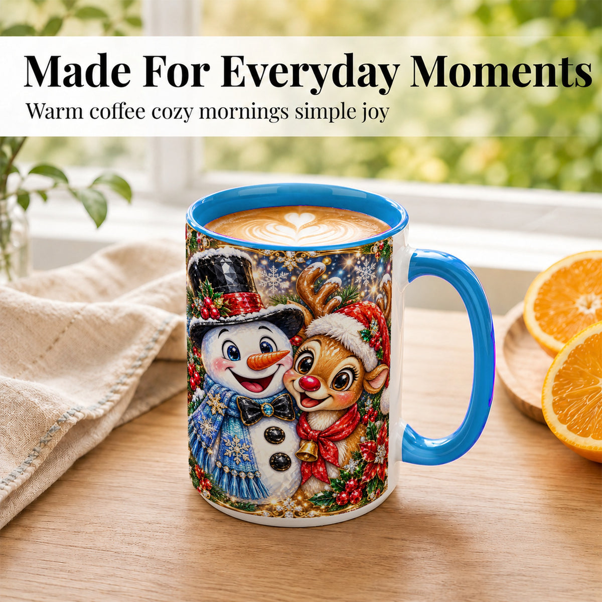 #pl[15oz|Blue] Snowman Reindeer Coffee Mug, Christmas Friends Mug, Ceramic Cup