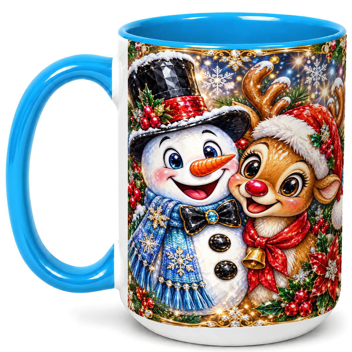 #pl[15oz|Blue] Snowman Reindeer Coffee Mug, Christmas Friends Mug, Ceramic Cup
